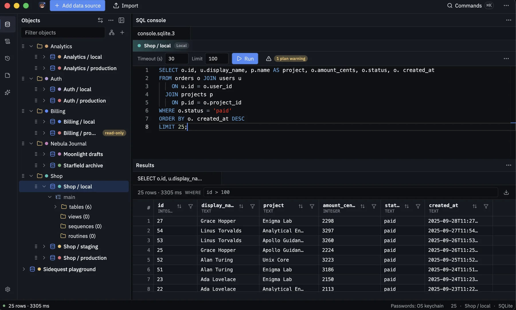 MoleDB with a query on orders, the results, and a warning that the query may be slow.