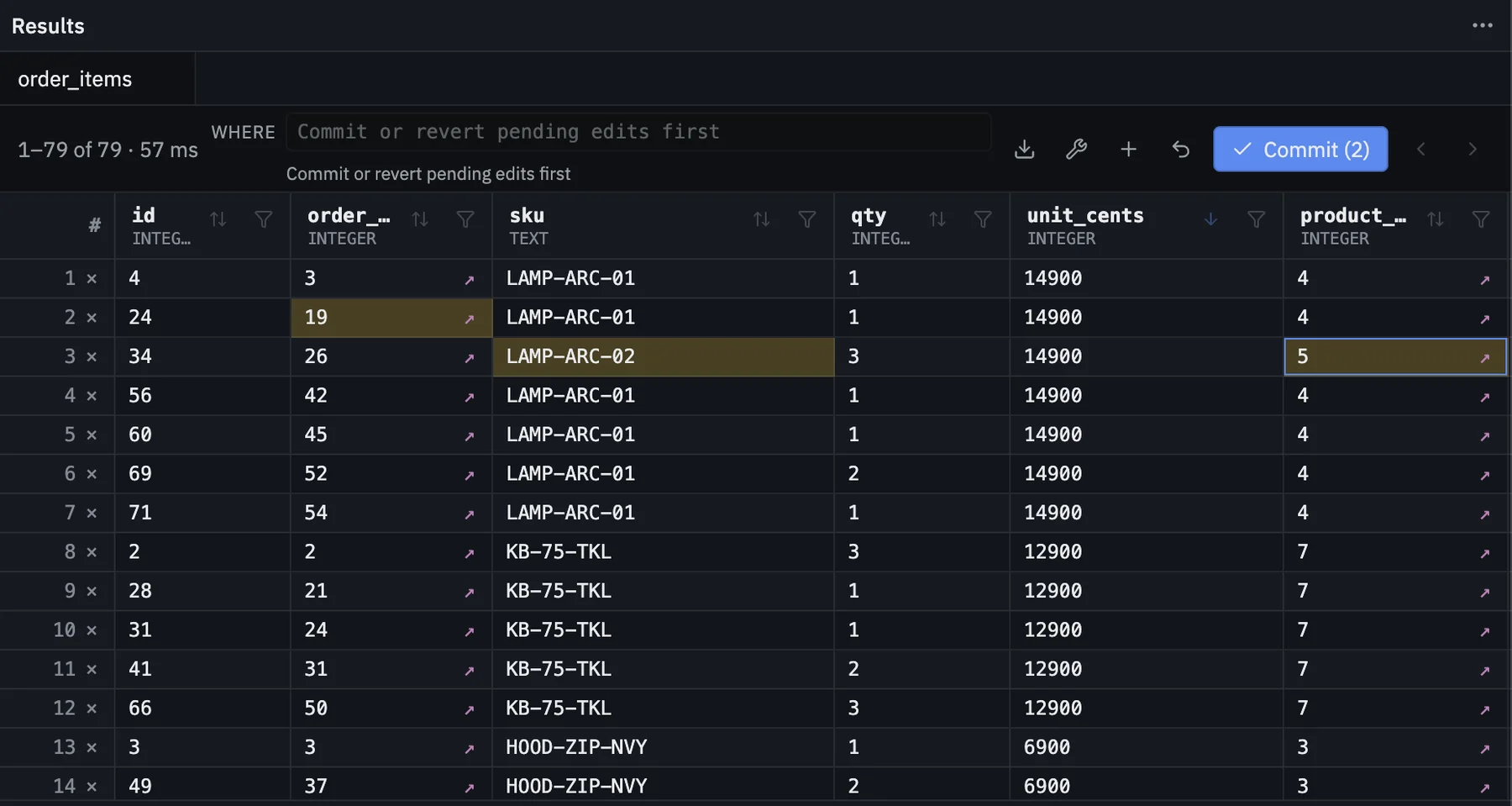 Edit Data on the orders table, with a cell being edited and the change not yet run.