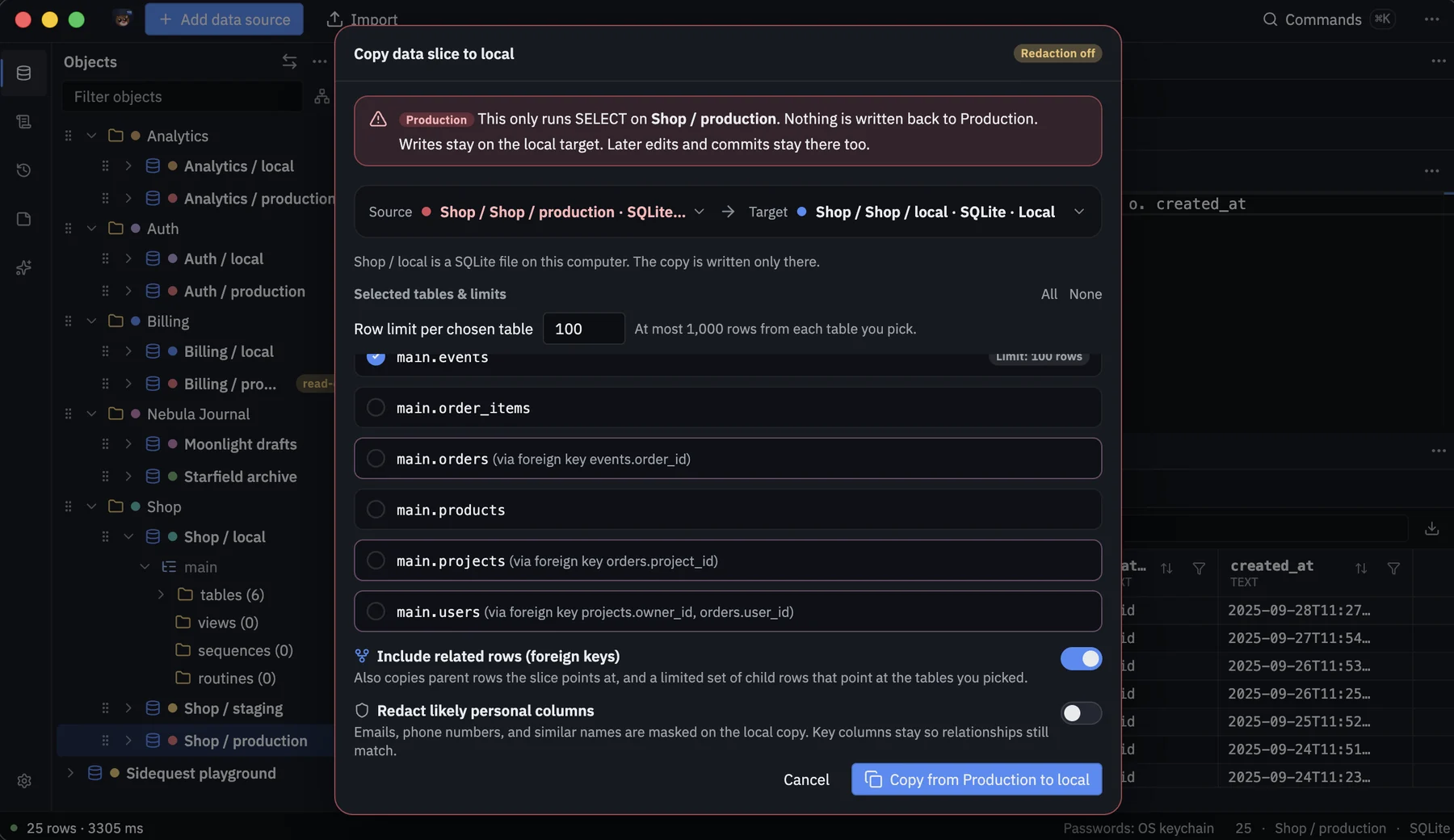 Copy data slice dialog, copying orders from a production connection into a database on your Mac.