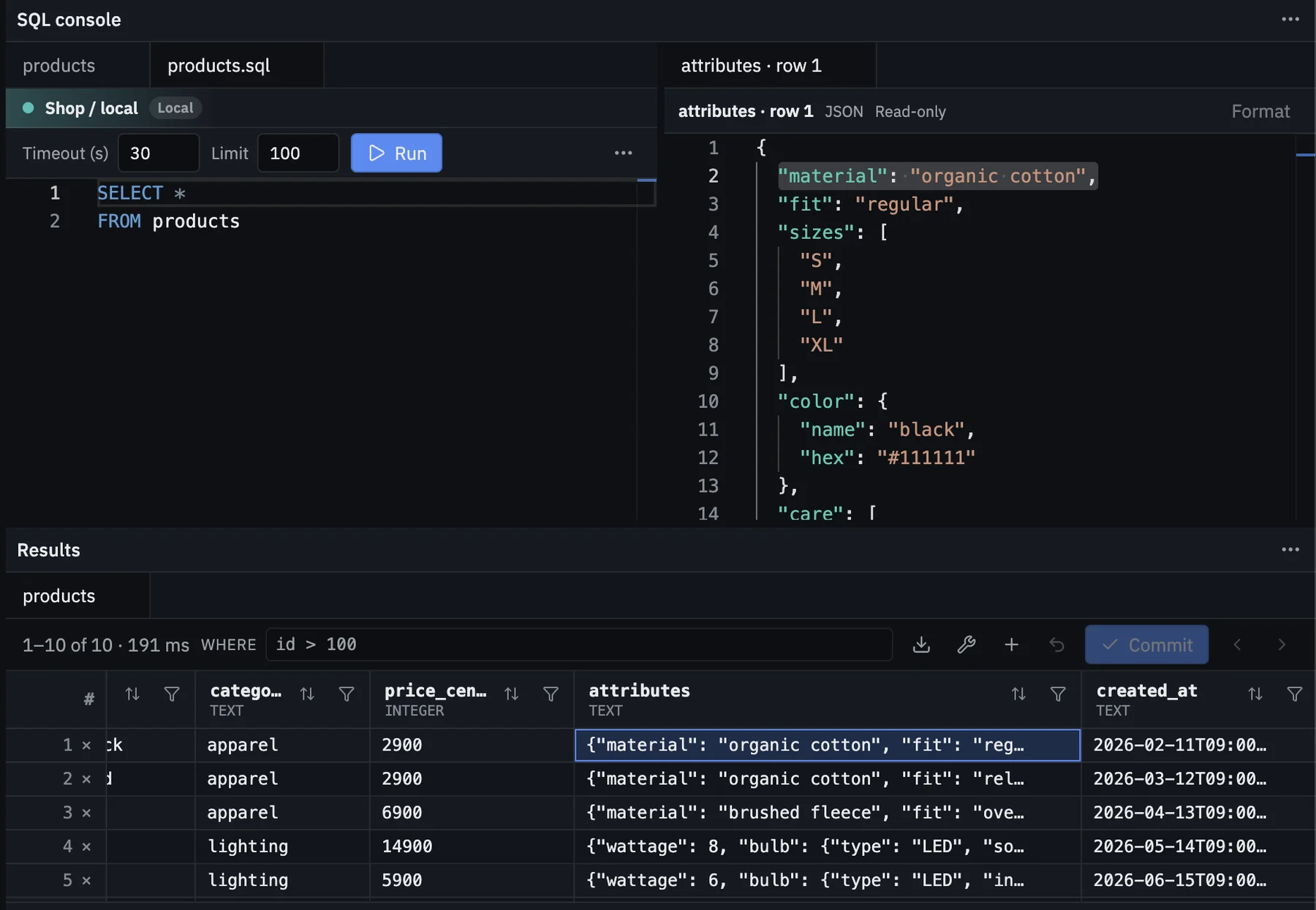 Products results with a JSON attributes cell open in a formatted read-only viewer beside the grid.