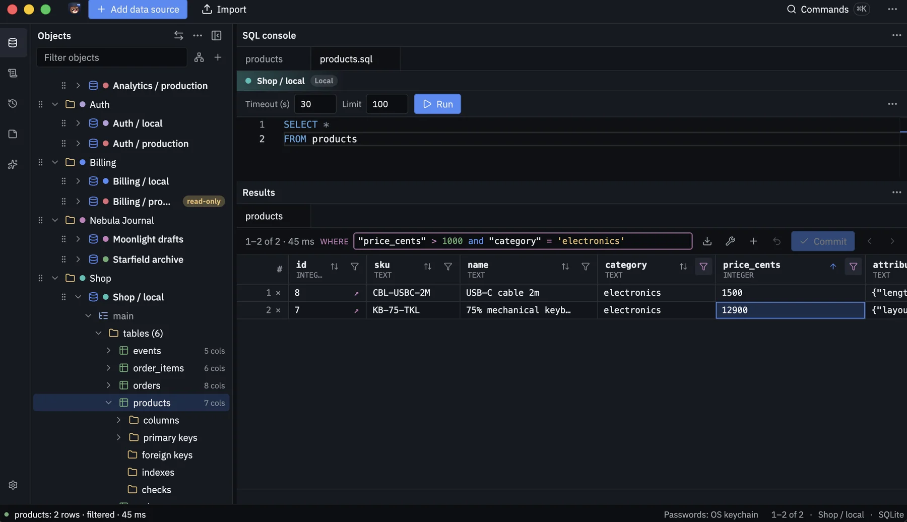 Products results with a WHERE bar filtering price and category.