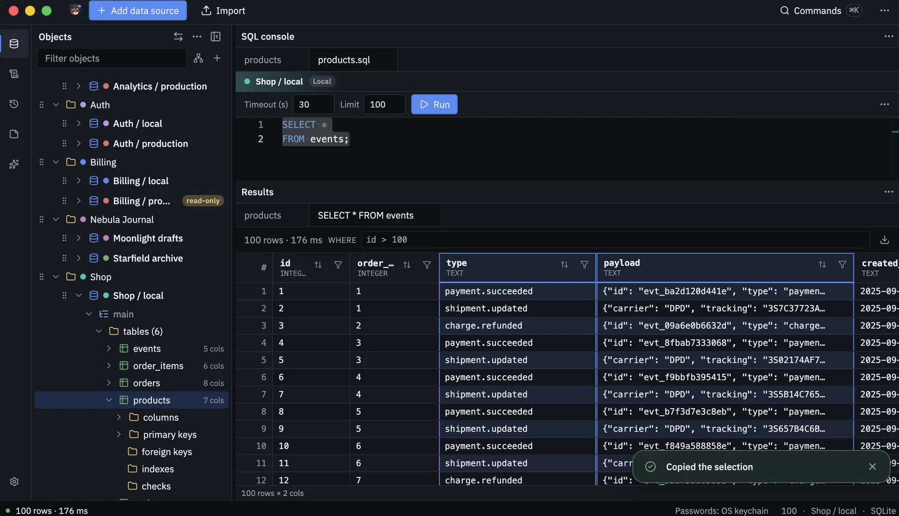 Events results with several cells selected and a confirmation that the selection was copied.