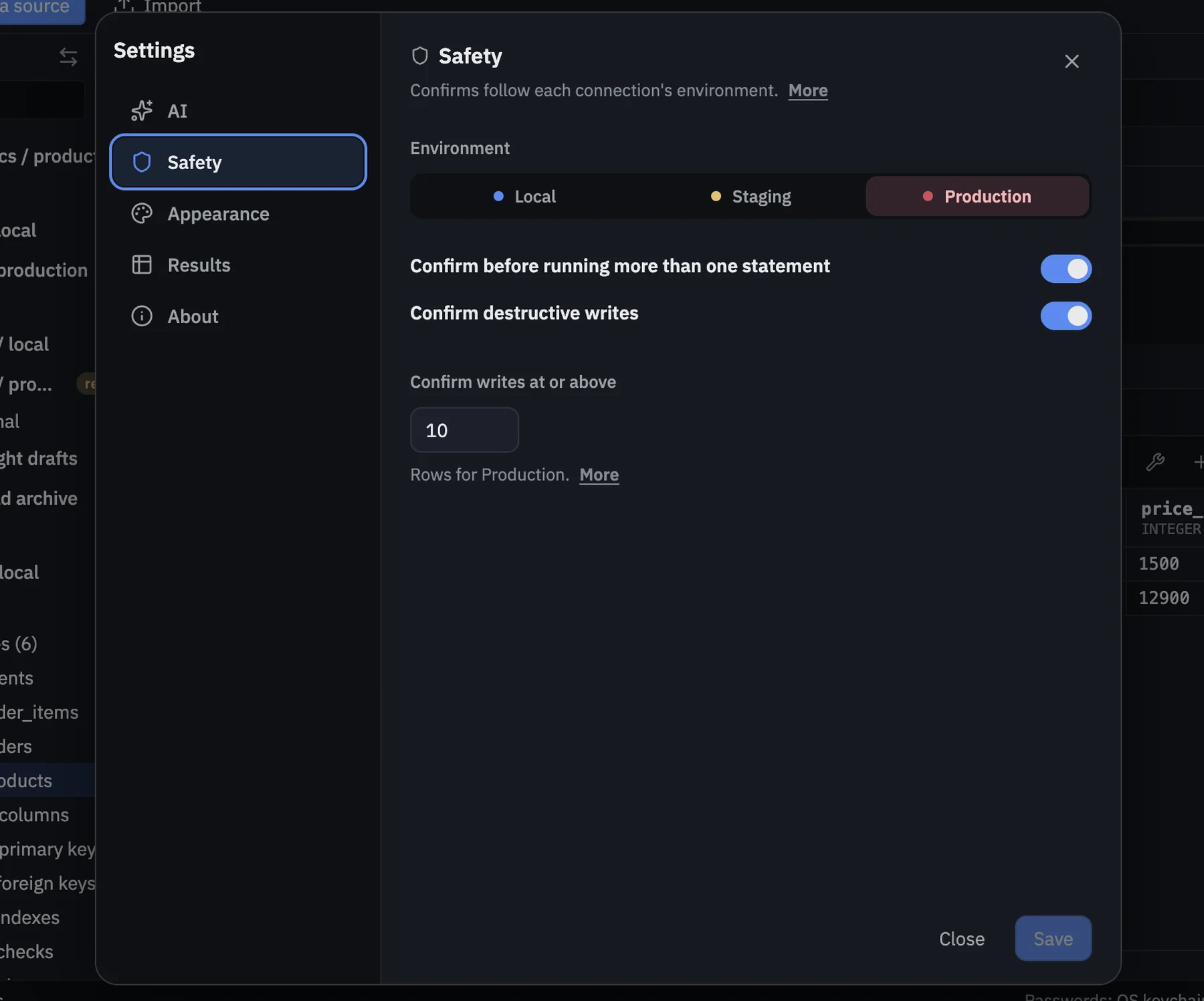 Settings, Safety page, with Local, Staging, and Production tabs and production write confirms.